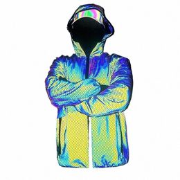 Nouvelle Arrivée Hommes Échelle Vestes Coloré Réfléchissant Automne Hip Hop Streetwear DJ Punk Manteaux Lg Manches À Capuchon Réfléchissent La Lumière w8WB #