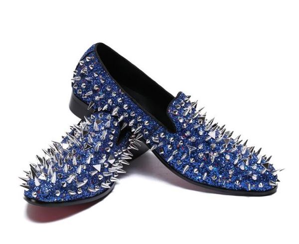 Luxe brillant or bleu pointus Rivets mocassins hommes chaussures décontractées plat Bling paillettes robe de mariée chaussures chaussures plates pour homme sans lacet chaussures en cuir 38-46