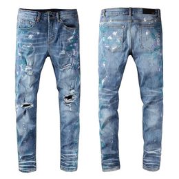 Nouvelle arrivée Mens Designer Jeans Light Blue Hole Spray Paint Médaille Mode Hommes Pantalon Slim Moto Biker Hip Hop Pantalon Top Quali276v
