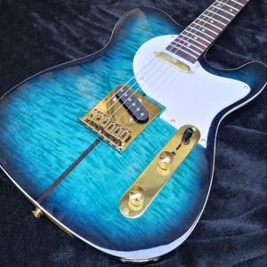 En stock Merle Haggard Signature Tuff Dog Green Blue Sunburst Guitarra eléctrica Tapa de arce acolchada Cuello amarillo Hardware dorado
