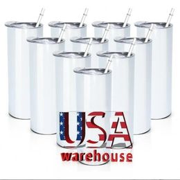 Expédition gratuite USA / CA stockée 20oz de gobelet de sublimation vierge tasses isolées avec couvercle en plastique et paille pour imprimé chaud tasse en acier inoxydable JN02