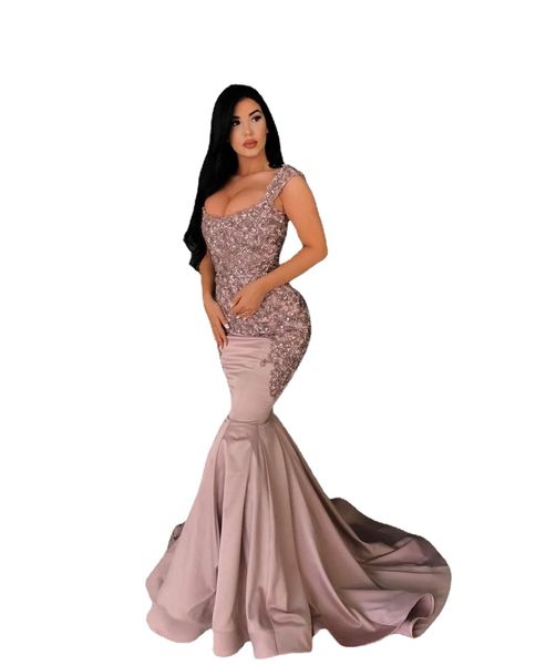 Nueva llegada Sirena Vestidos de baile Escote redondo Apliques de encaje Con cuentas Cristal Sin mangas Corsé Volver Tallas grandes Fiesta de noche Vestidos de desfile