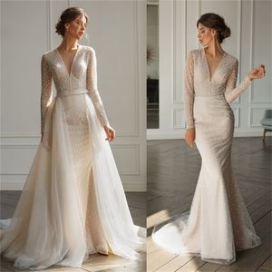 Nouvelle Arrivée Sirène Robes De Mariée Col En V Paillettes Couvert Bouton Robes De Mariée Balayage Train Vestidos De Novia