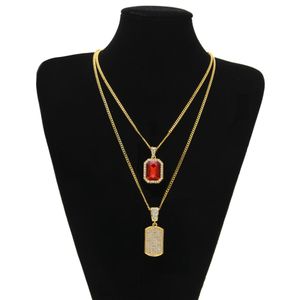 Nieuwe Collectie Micro Rhinestone Red Ruby Dog Tag Hanger Collier Set Hoge kwaliteit Iced Out Hip Hop Sieraden