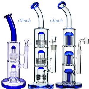 13 pulgadas Doble Tres Cámaras Bong de Vidrio Cachimbas Azul Estéreo Matriz Tubos de Agua Brazo Árbol Perc Pipa para fumar Reciclador Dab Rig Bubblers envío gratis