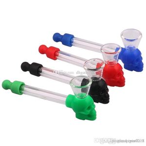 New Arrival Multicolor Silicone Skull Glass Pipe Hand Smoking Pipe Glass Tube Cigarette Water Pipe with Screen