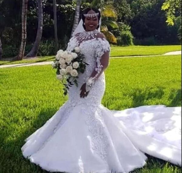 Recién llegado, vestido de novia de manga larga africano nigeriano, apliques de sirena, jardín, iglesia, novia, vestido de novia, hecho a medida de talla grande