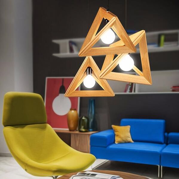 Lámpara colgante triangular minimalista, accesorio de iluminación colgante led de madera, portalámparas E27 para decoración de bar y restaurante