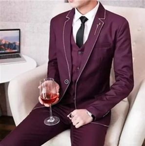 Nouvelle Arrivée Un Bouton Bordeaux Mariage Marié Tuxedos Notch Lapel Garçons D'honneur Hommes Costumes De Bal Blazer (Veste + Pantalon + Gilet + Cravate) W67