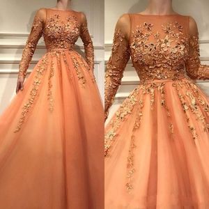 Nieuwe Collectie Orange Sheer Lange Mouwen Avondjurken Kant Applicaties Tule Prom Gowns Celebrity Jurken Party Wear Robes de Soirée Vestidos