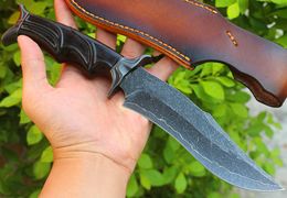 Nieuwe aankomst Outdoor Survival Rechte Mes Damascus Steel Blade Ebony + Staals Hoofdhandvat Vaste Bladen Messen met Lederen Schede