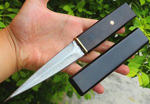 Nieuwe aankomst Outdoor Survival Rechte mes VG10 DAMASCUS Steel Double Edge Blade Ebony Handle Vaste Bladen Messen met Houtschede