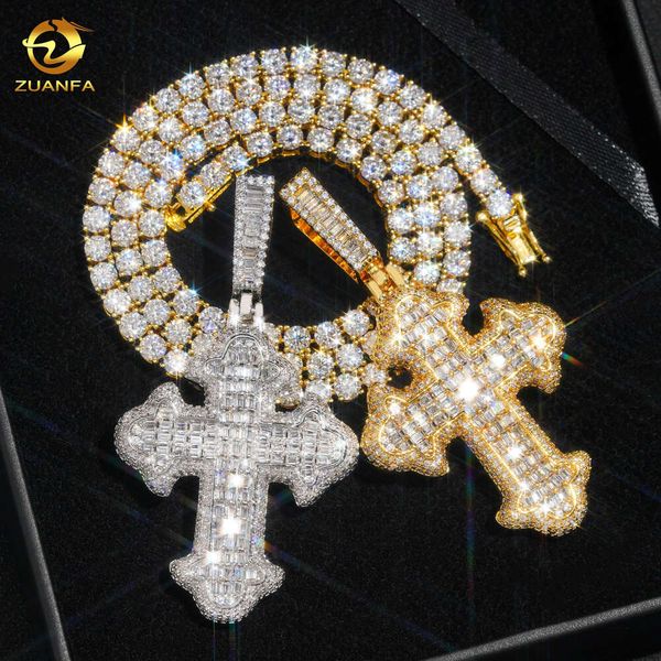 Pendientes de nueva llegada STERLING Silver 925 VVS Moissanite Baguette Diamond Hip Hop helado Joyas Ankh Fashion Cross Colgante