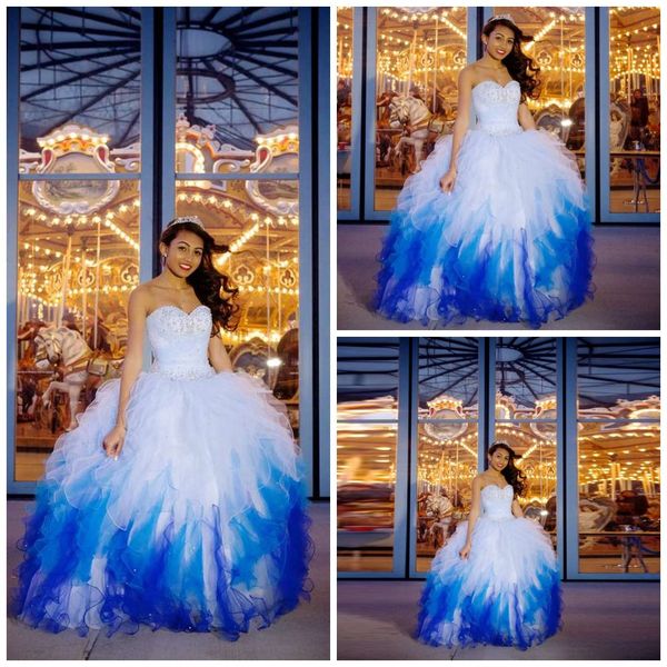 Lentejuelas con cuentas cariño vestidos de quinceañera bastante degradado azul volantes en cascada con cordones vestido de fiesta hinchado con gradas hasta el suelo vestido de fiesta