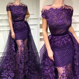 Nieuwe aankomst paarse schede jurken juweel nek korte mouw met afneembare trein beroemdheid jurk op maat gemaakte ABRIC -avondkleding
