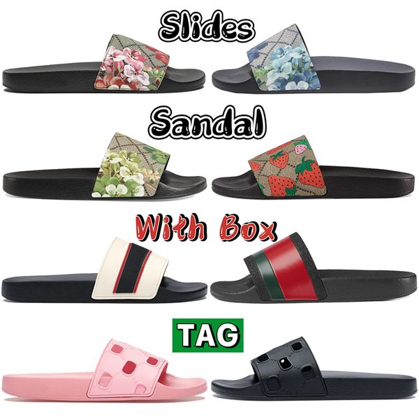 With Box slides sandales mens flats designer pantoufles toile noire bleu imprimé floral fraise web toboggan en caoutchouc plage sandale femmes été tongs pantoufles chaussures