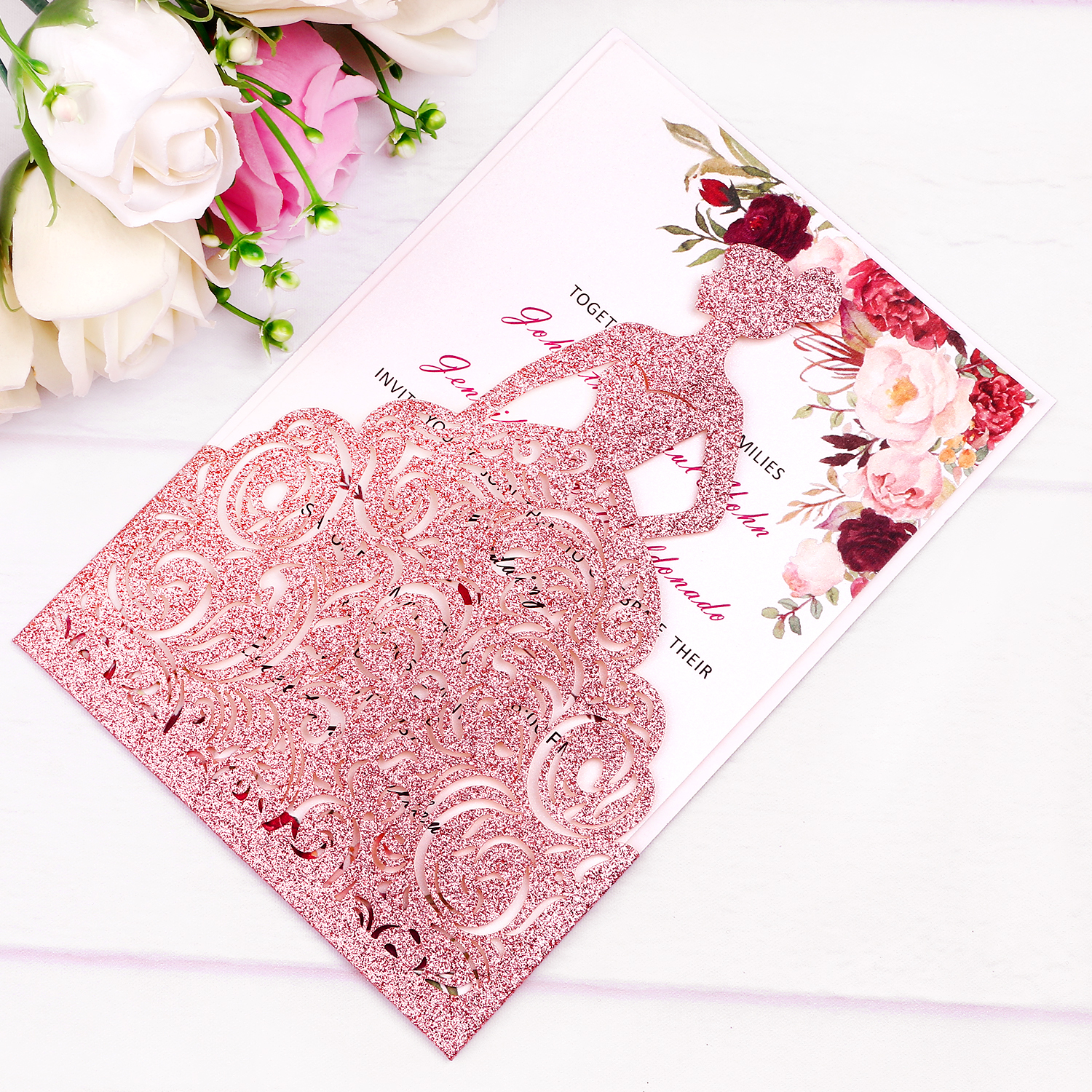 Chegada nova Rose Gold Glitter Corte A Laser Princesa Coroa Convites Cartões De Aniversário Doce 15 Quinceanera, Doce 16o Noivado Convites