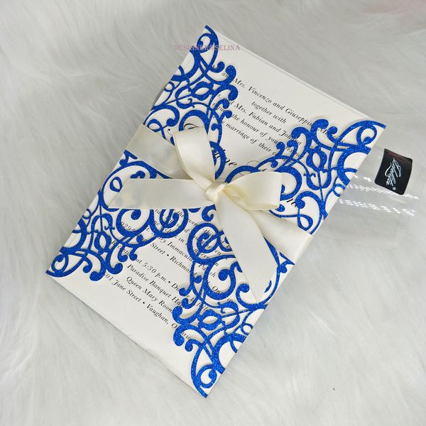 Nouvelle arrivée en bleu royal Invitation de mariage avec ivoire invitations au laser à paillettes de ruban ivoire