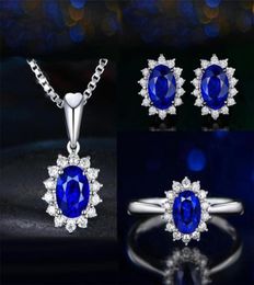 Nouvelle arrivée Saprkling Luxury Bijoux Set 925 Siltling Silver Oval Cut Blue Sapphire CZ Diamond Femmes Collier de boucle d'oreille 2325905