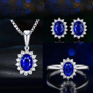 Nieuwe Collectie Saprkling Luxe Sieraden Set 925 Sterling Zilver Oval Cut Blue Sapphire CZ Diamond Vrouwen Bruiloft Oorbel Ring ketting Gift