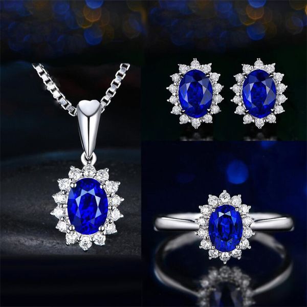 Nouvelle Arrivée Saprkling Ensemble De Bijoux De Luxe En Argent Sterling 925 Ovale Coupe Saphir Bleu CZ Diamant Femmes Boucle D'oreille De Mariage Bague Collier Cadeau