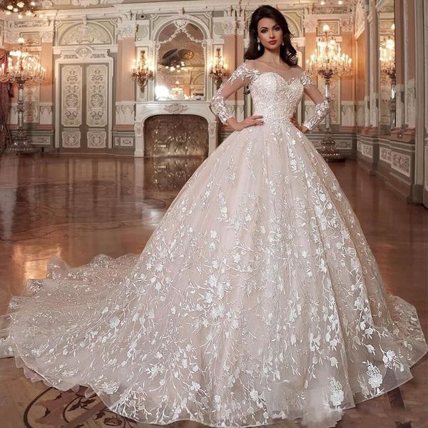 Romantique Sexy A-Line Robe De Mariée Sheer Jewel Col Col Dentelle Appliques Manches longues Illusion Tulle Tulle Robe Mariage Vestido De Noiva Robes de mariée Backless Custom