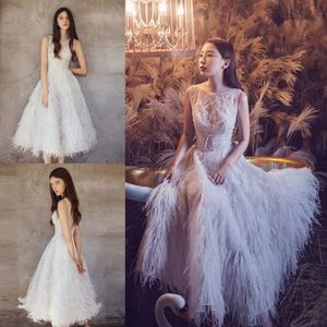 Nieuwe Collectie Korte Prom Dress 3D Floral Applicaties Juweel Neck Beaded Veren Luxe Avonddelen Jurken Custom Made