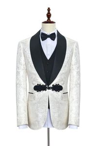 Nieuwe Collectie Side Vent One Button Ivory Bruiloft Bruidegom Tuxedos Sjaal Revers Groomsmen Mannen Suits Prom Blazer (jas + Pants + Vest + Tie) W47