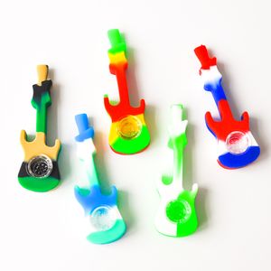 Guitare Silicone Fumer Pipe de silicone Pipe à main avec un bol en verre Silicone plates-formes tampons de gréement de gréement accessoire