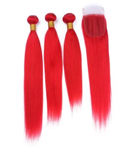 Nieuwe collectie Zijdeachtig Recht Rood Menselijk haar 3 bundels met vetersluiting Populaire rode kleur Braziliaans haar weeft met vetersluiting 4x7056031