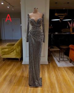 nieuwe collectie zilveren lange prom jurken lovertjes kralen goedkope dubai arabische avondjurk formele feestkleding avondjurk