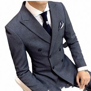 Nieuwe aankomst Slim Fit Gray Double Breast Mens Pak Tailor Made Busin Formeel trouwpak 2 stuks Kostuum Homme Blazer Pants N7VC#