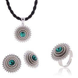 Nieuwe Collectie Sliver Kleur Wit Goud Ethiopische Sieraden Sets Hanger Oorbellen Ring met Bule / Groen / Rood Stone Afrikaans Habesha Gift