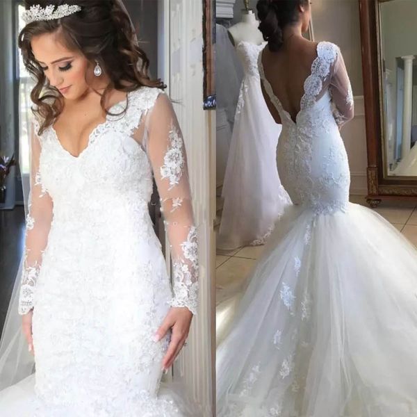 NUEVA LLEA LA LAZA SMIPLE ELEGANT BOUTIQUETA Mermaid Vestido de novia Ilusión Ver a través de la manga larga Vestido nupcial V Cuel las bodas de sirena con cuentas