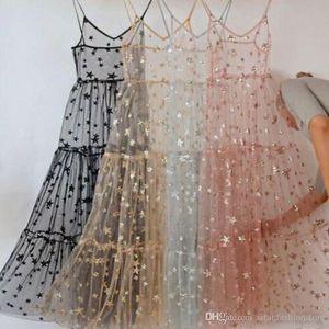 Recién llegado, vestidos largos de tul con tirantes finos para mujer, vestido transparente ostentoso a la moda, vestido Sexy a la moda