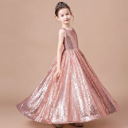 Nouvelle arrivée fleur de balle scintillante mignonne rose pailledue longue robe de fête d'anniversaire bon marché fille robes de concours foiormal 403