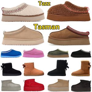 Tazz Femmes Bottes Tasman Pantoufles Châtaigne Fourrure Noir en peau de mouton Mules femme Hommes Ultra Mini plate-forme botte Chaussures Daim Supérieur Confort Automne Hiver