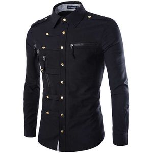 New Arrival Spring/Autumn Men Long Sleeve Cargo Shirt Casual Slim Fit Fashion Epaulet Double Pocket Mens Dress Shirt M L XL XXL P0812