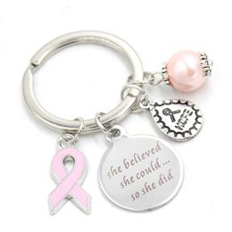 Nueva llegada llavero de acero inoxidable llaveros concientización sobre el cáncer de mama llavero de cinta rosa llavero regalos para mujeres Jewelry260u