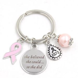 Nueva llegada llavero de acero inoxidable llaveros concientización sobre el cáncer de mama llavero de cinta rosa llavero regalos para mujeres Jewelry317L