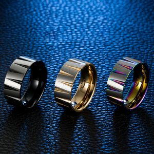Nieuwe collectie roestvrijstalen ring voor heren taps toelopende groeven 9 mm breedte matte titanium regenboogring veelkleurige zwarte goudkleur