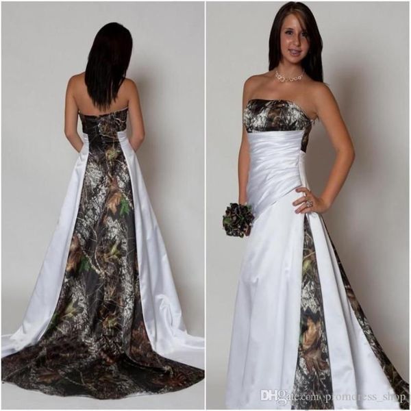 Nouvelle arrivée robe de mariée camo sans bretelles avec plis taille empire une ligne balayage train Realtree camouflage 2020 Betra robes de mariée1916