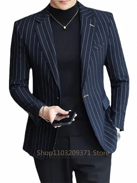 Nouveauté rayé costume masculin bleu marine formel décontracté mariage smoking 1 pièce busin pic revers simple boutonnage blazer p1hd #