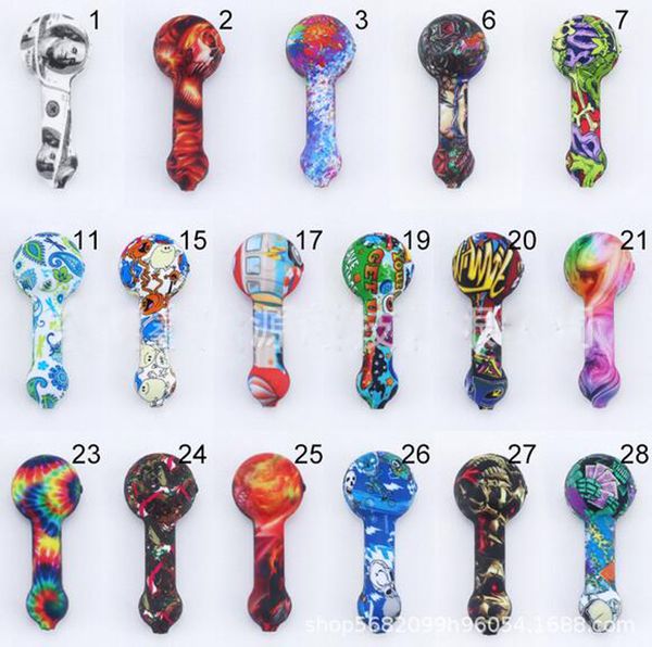 Nouvelle Arrivée Styles Coloré Impression Fumer Main Pipes 4.3 pouces Silicone Main Pipe Portable Avec Verre Bols Fumée Bong Imprimé Bande Dessinée