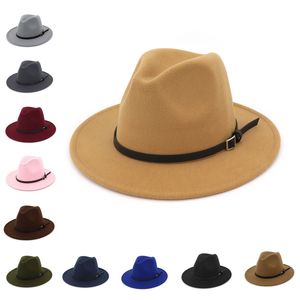 Nieuwe collectie zomer herfst fashion brede rand mannen grijze wol voelde Fedora hoed met riemaccessoires