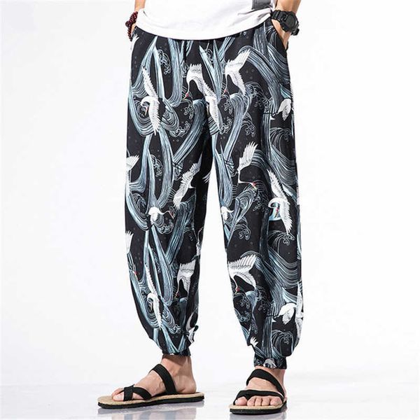 Nouveauté été hommes Harem pantalon Streetwear Bloomers Baggy pantalon hommes chinois grue imprimer taille élastique pantalon ample X0723