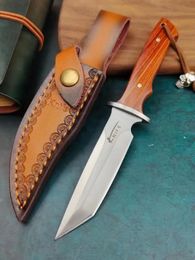 Couteau droit de survie de nouveauté 7Cr13Mov Satin Tanto Point Blade Full Tang manche en bois couteaux de chasse à lame fixe extérieure avec gaine en cuir