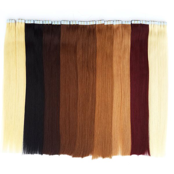 Vente en ligne Charismatique Bande Extensions de Cheveux Peau Trame Bande Cheveux Brésiliens Raides Meilleure Qualité Remy Cheveux Humains 12-24 pouces 20 couleurs