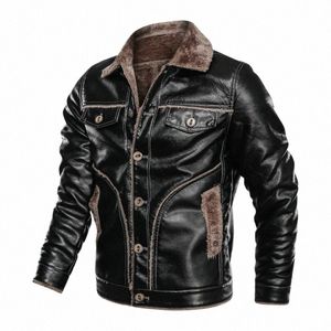 Nouvelle arrivée col rabattu vestes en cuir PU hommes vêtements polaire épaissir Vintage High Street hiver veste de moto manteau F60U #