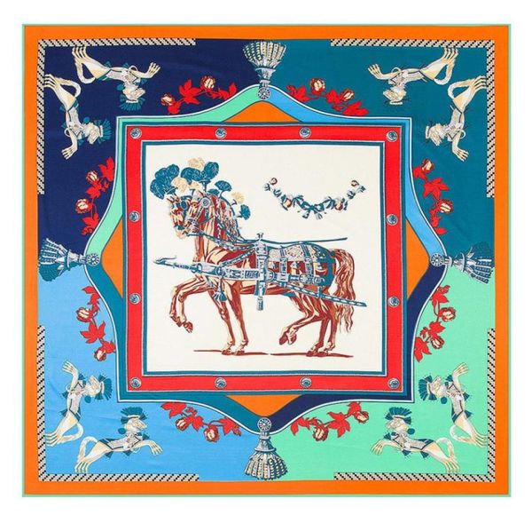 Nouveauté sergé foulard en soie femme carré écharpe France guerre cheval imprimé mode soie foulards Hijab femme châles 130 cm x 130 cm6463692